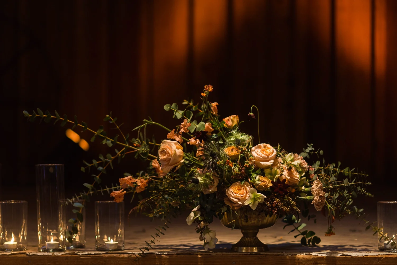 Wedding flowers on a wooden stage