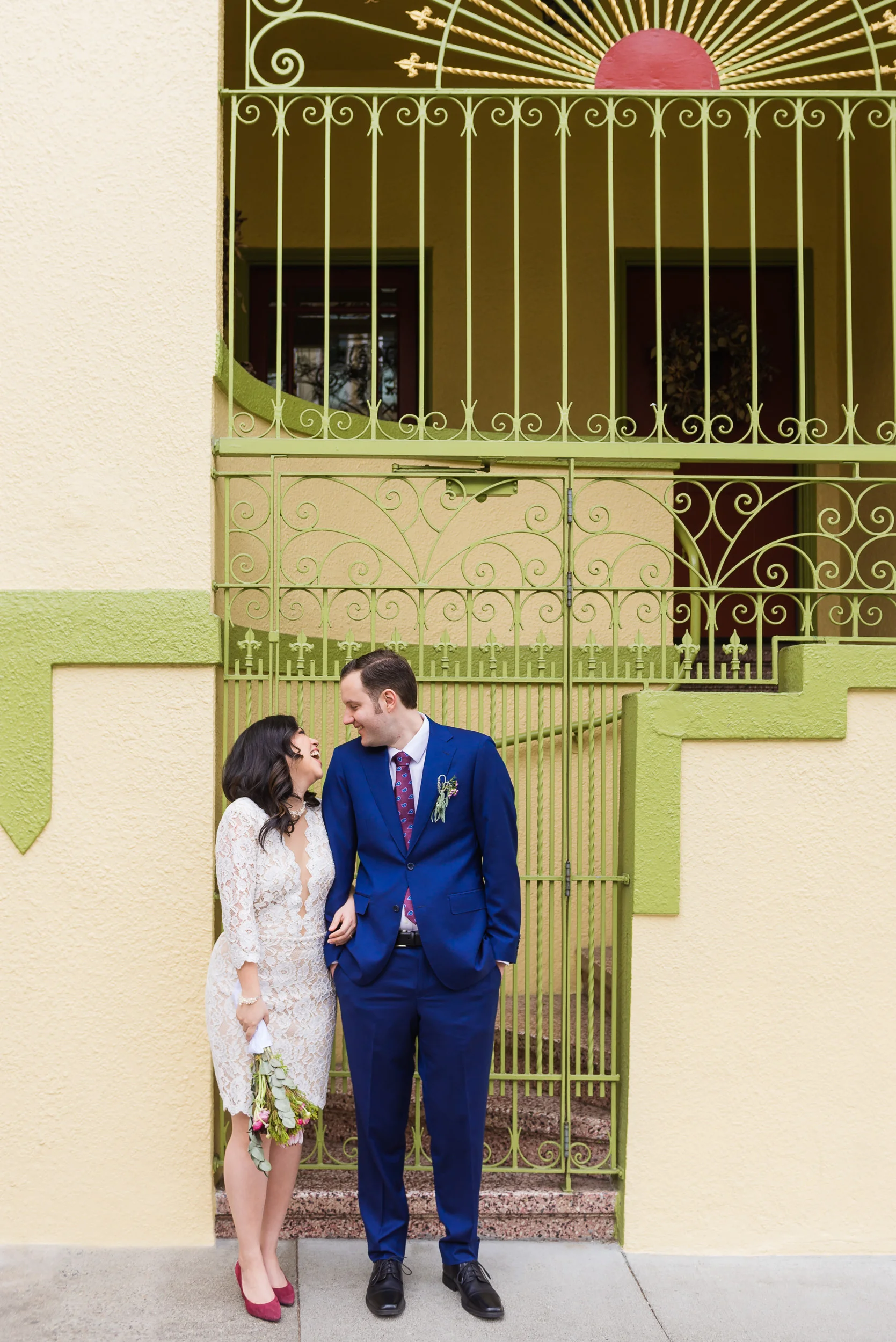 Bride and groom in colorful San Francisco neighborhood