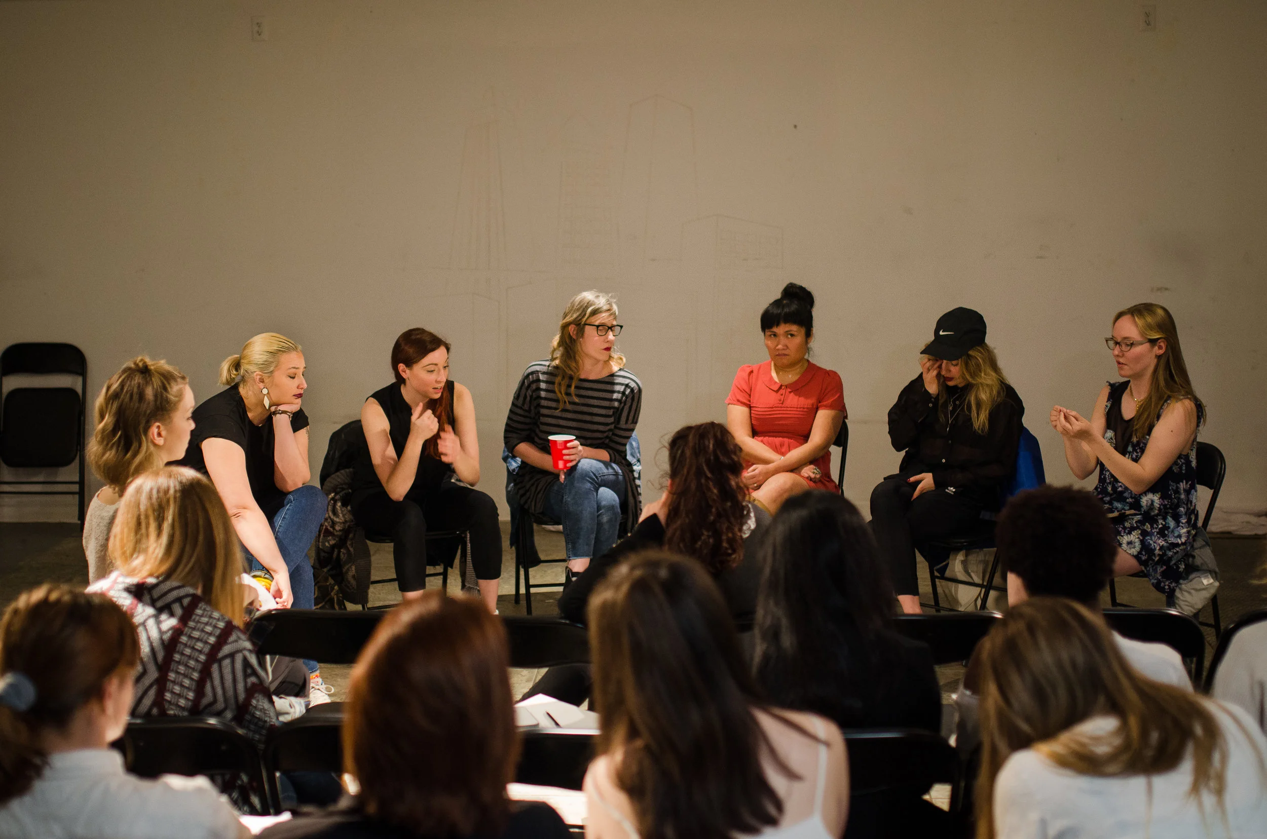 Toronto professionals come in to talk to participants. From left to right: Mel Hague, Victoria Urquhart, Andrea Donaldson, Nina Lee Aquino, Karen Knox and Facilitaror Claren Grosz. (Photo: Samantha Polzin)