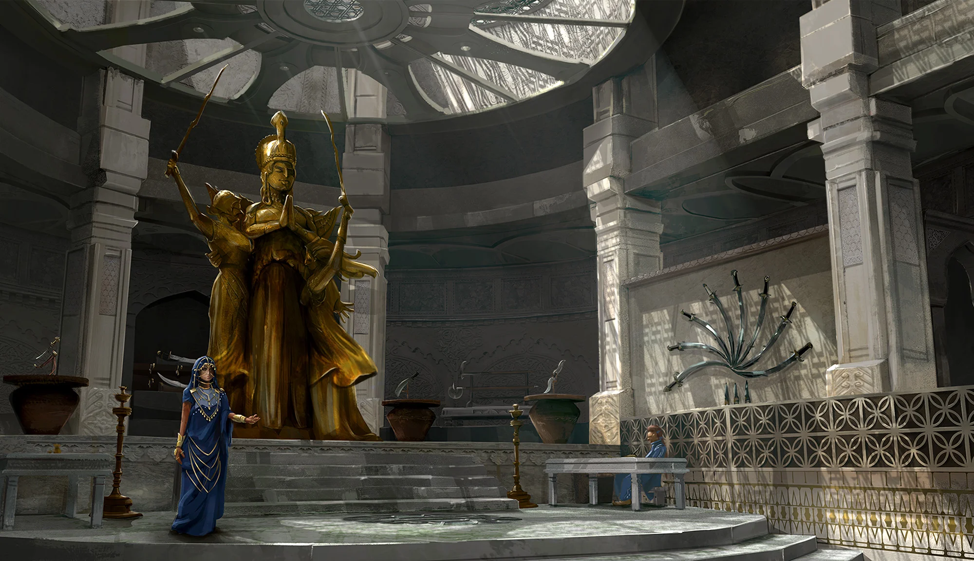 High end emporium showcasing ancient weapons