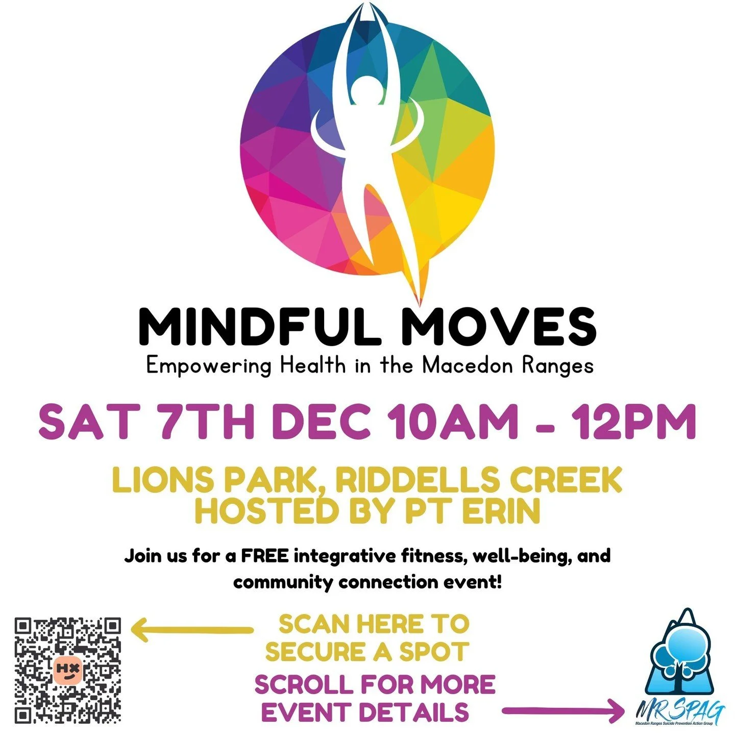 Join us this Saturday for December’s Mindful Moves in Gisborne!
This month’s Mindful Moves event comes at a crucial time for our community. Hosted at Lions Park in Riddells Creek with PT Erin Conry @rangeshealthandfitnesscoaching, this s