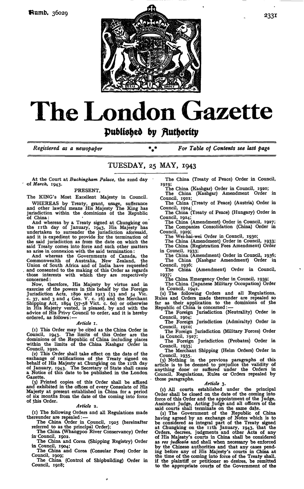 1943 Order in Council ending extraterritoriality 1