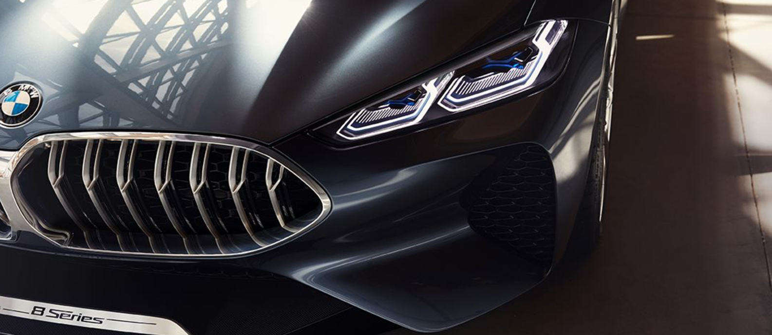 Slender laser lights and oversized kidney grille add to the sporty and high-performance character of the BMW Concept 8-Series