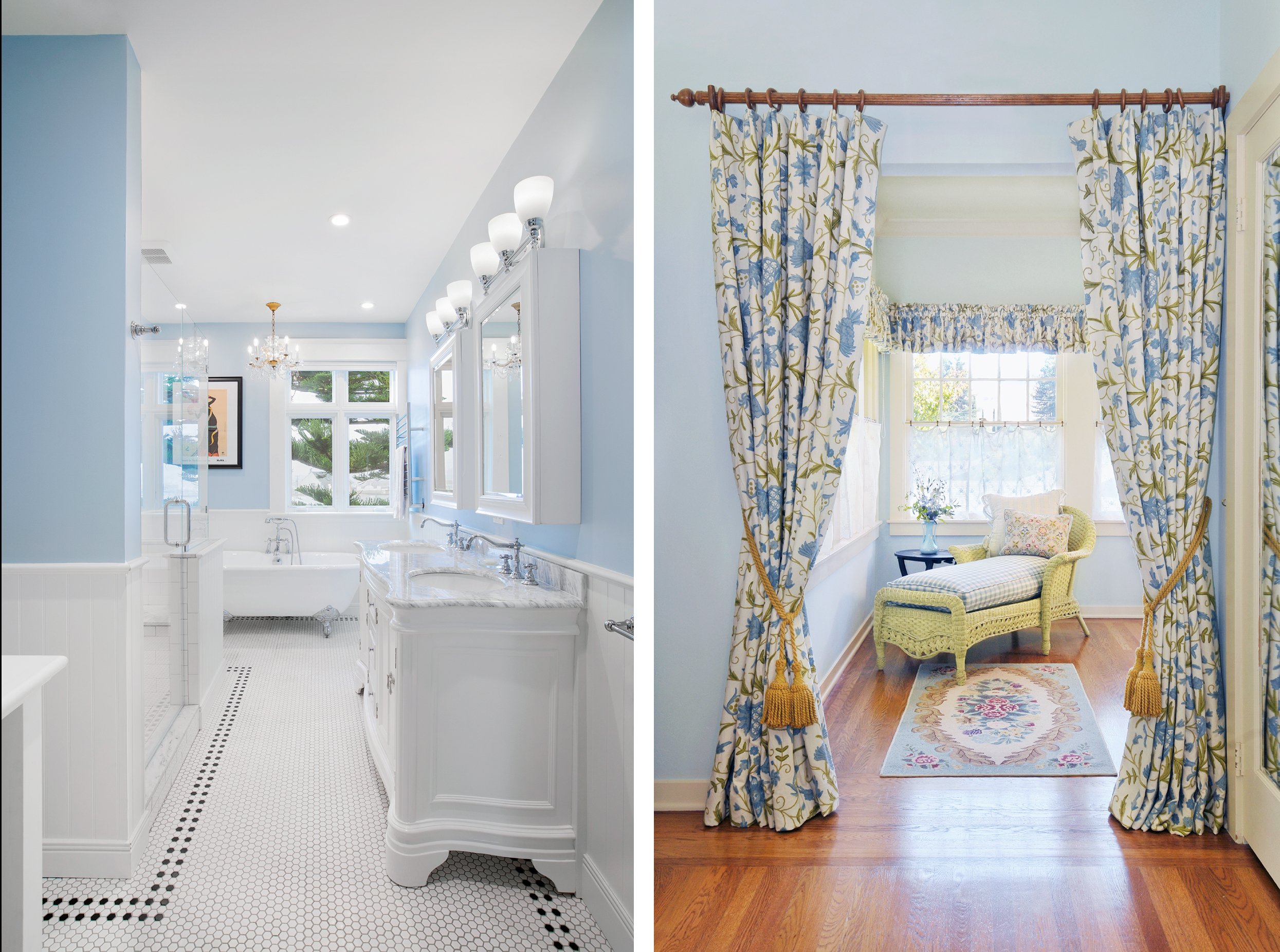 Farmhouse Lounge Area + Blue Victorian Bathroom