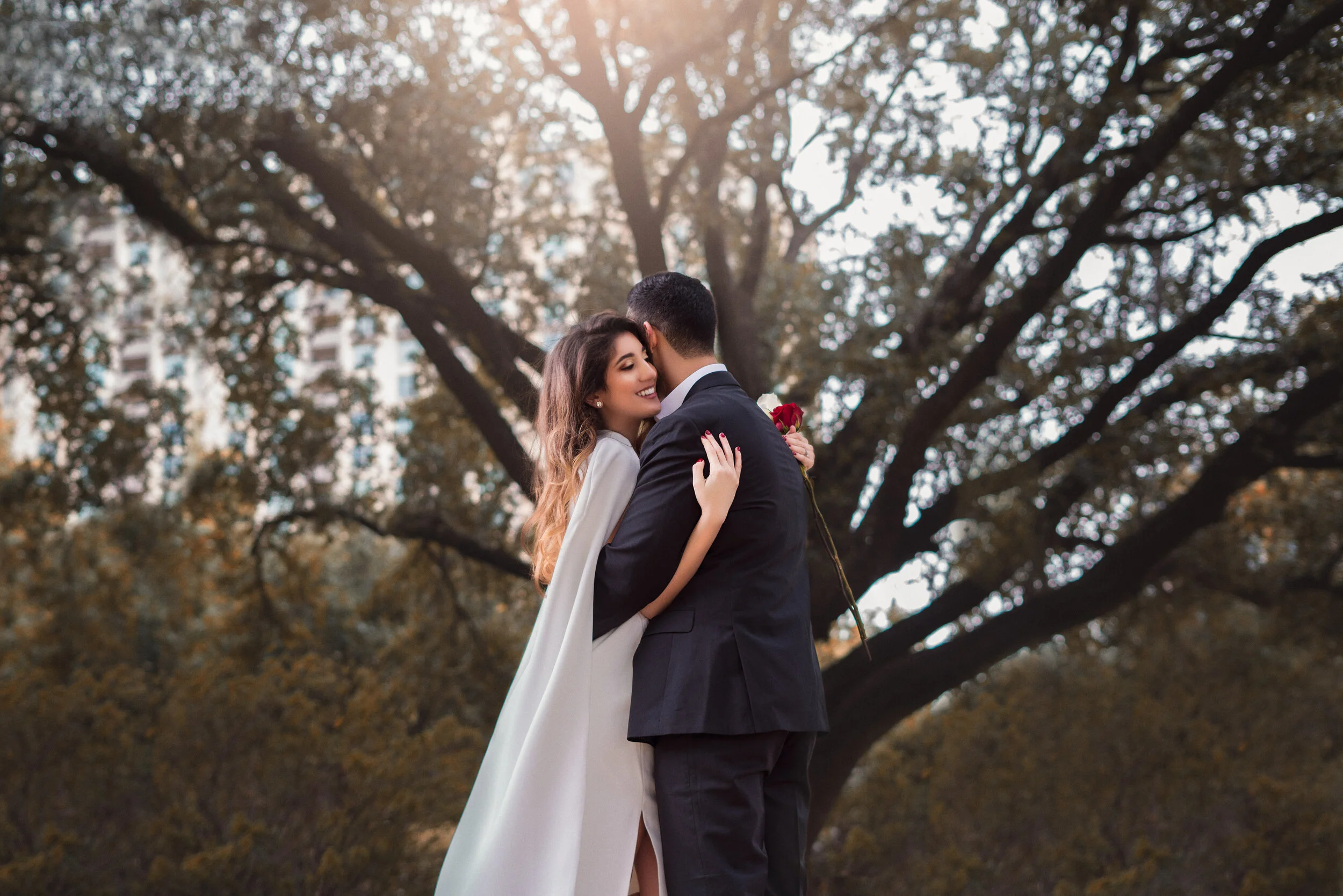 A couple embracing romantically in a park with trees in the background, man holding a red rose.