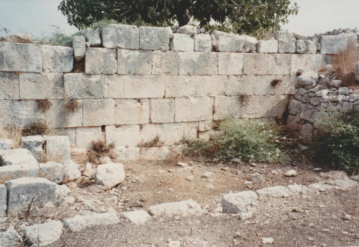 Deir Samaan, summer 1990. There is evidence of the original Roman construction, Byzantine modification and re-use, and modern uncovering of wall lines (presumably for the purposes of determining a basic plan of the site) prior to my visit of 1990. Credit: Eleanor Scott.