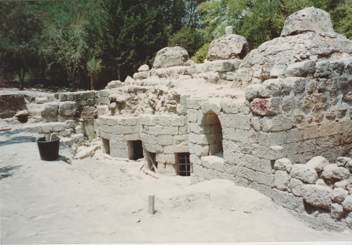 Roman and Byzantine bathhouse at Latrun, being excavated by Mordechair Gihon in 1990. Visited with Richard Harper the (then) Director of the BSAJ (British School of Archaeology in Jerusalem). Credit: Eleanor Scott