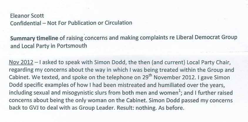 Extract from timeline supplied to the upper echelons of the Liberal Democrat Party including Tim Farron and senior investigators, as of 1st June 2014. Footnote 1 outlines the sex-in-the-men's-toilets lie, amongst other things.