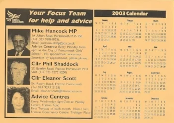 Lib Dem ward calendar, delivered to lucky Fratton residents December - January 2002-03