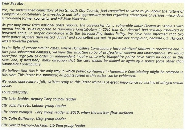 Letter sent to Theresa May and IPCC on 24th June 2015 by all five political Group Leaders, Portsmouth City Council