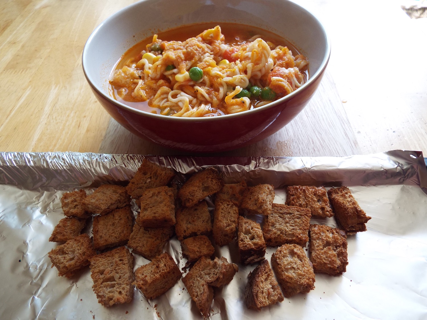 Noodle soup & rye croutons