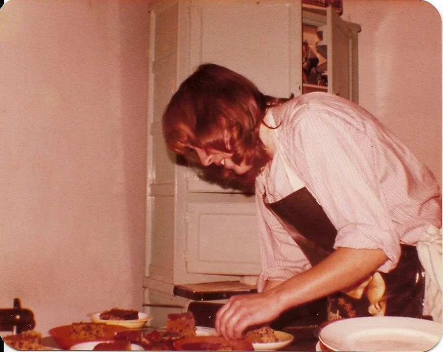 Hazel Riley, professional archaeologist and best Dig Cook I ever knew - baking vast amounts of fruit cake in some very cramped conditions