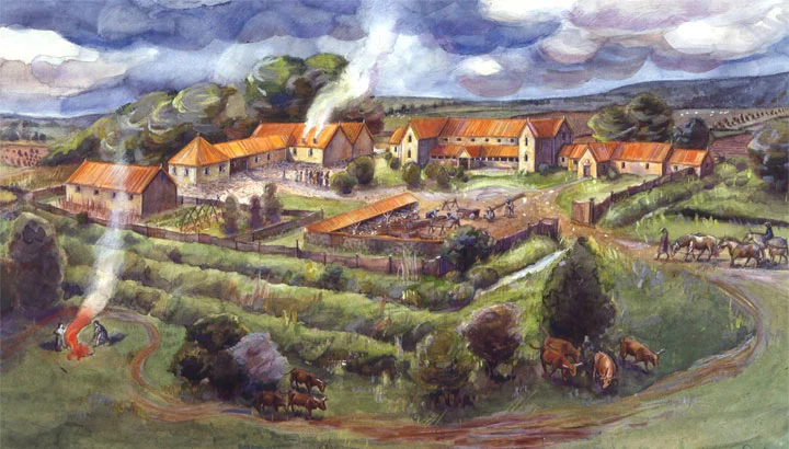 Idealised painting of an idealised type of site - Gargrave (Kirk Sink) Roman villa (credit: Historic England)