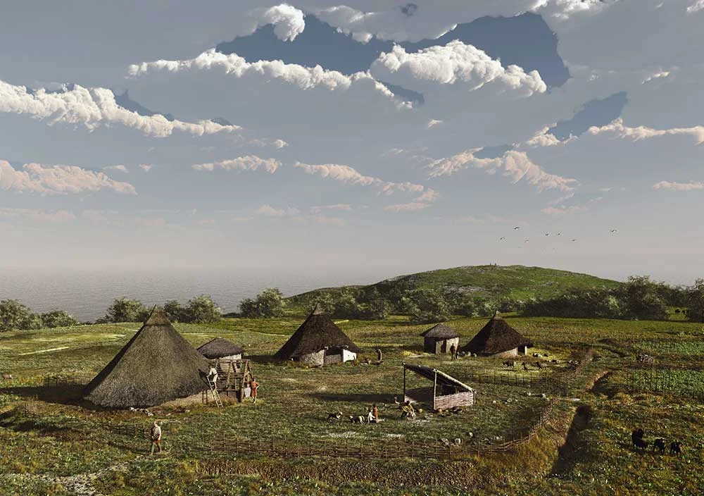 Idyllic Iron Age settlement in Kent (Credit: Canterbury Archaeological Trust, Smith Kriek Productions, drawn by Drew Smith and Mikko Kriek). What came after was a different material culture and social experience.