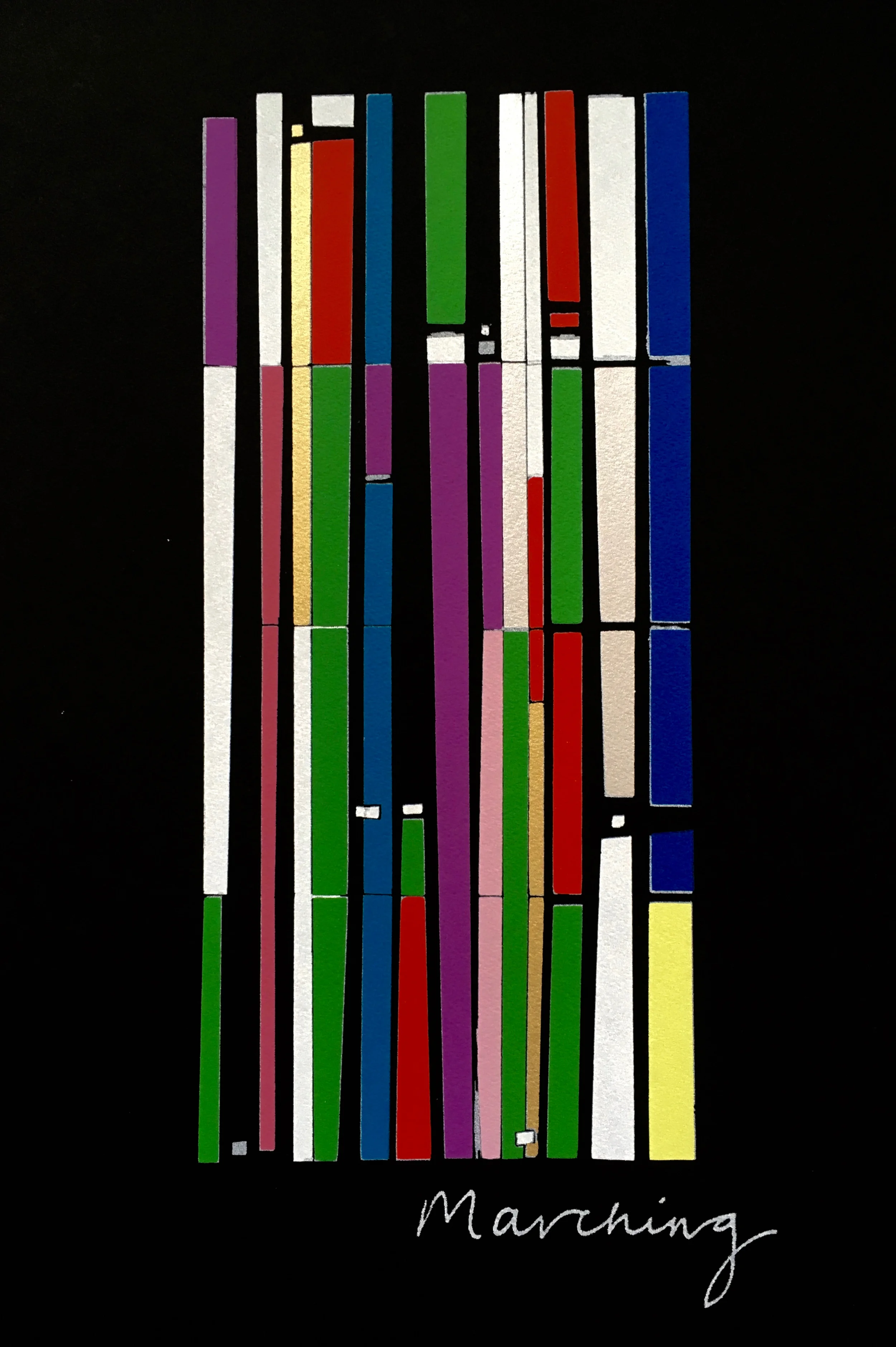Marching; A contemporary screen print accompanying New Dawn, celebrating Women's Suffrage at the Houses of Parliament. By Mary Branson.