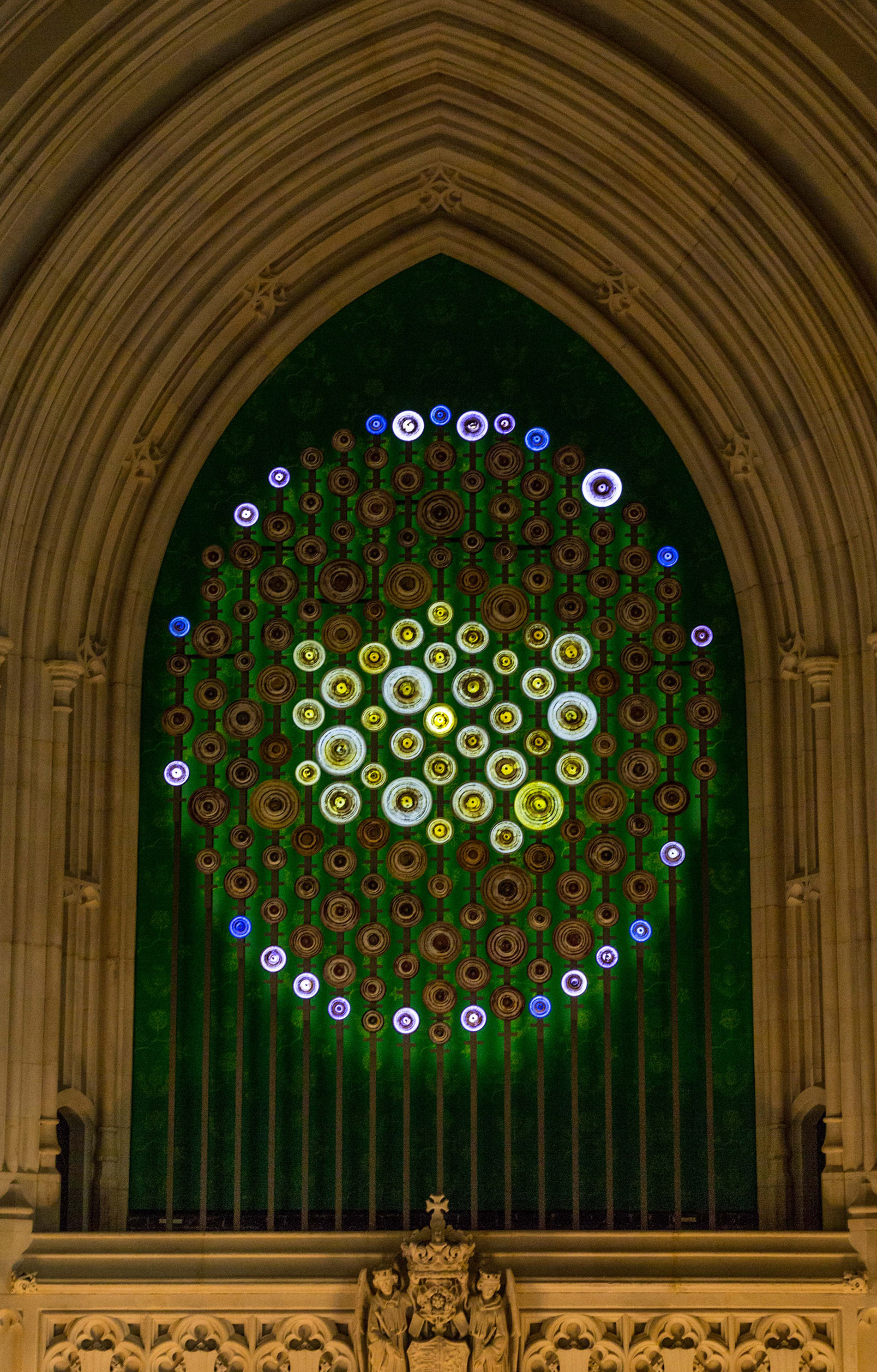  New Dawn, a contemporary sculptural light installation celebrating Women's Suffrage in the Houses of Parliament, London by Mary Branson. 