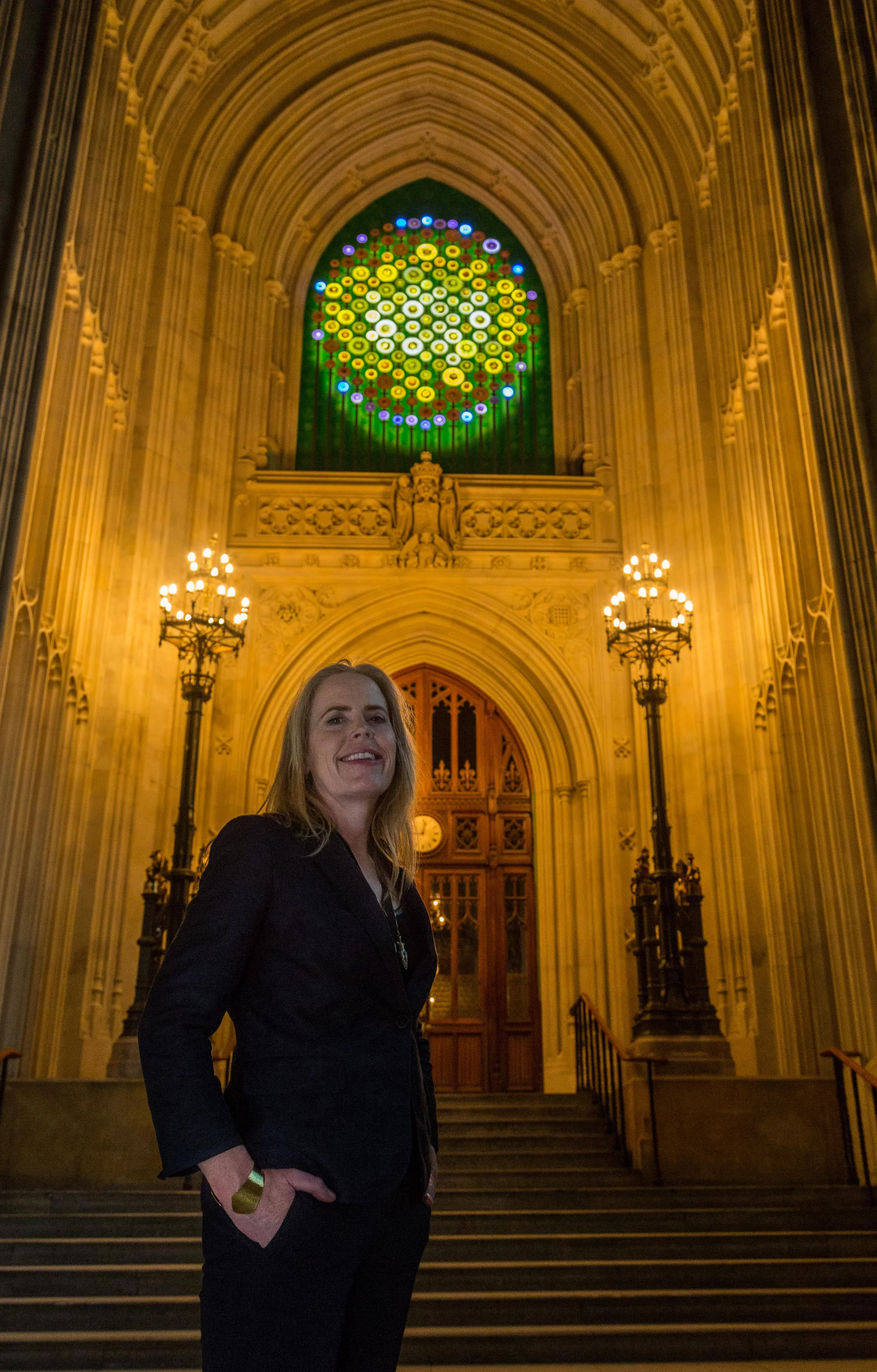 New Dawn, a contemporary sculptural light installation celebrating Women's Suffrage in the Houses of Parliament, London by Mary Branson.