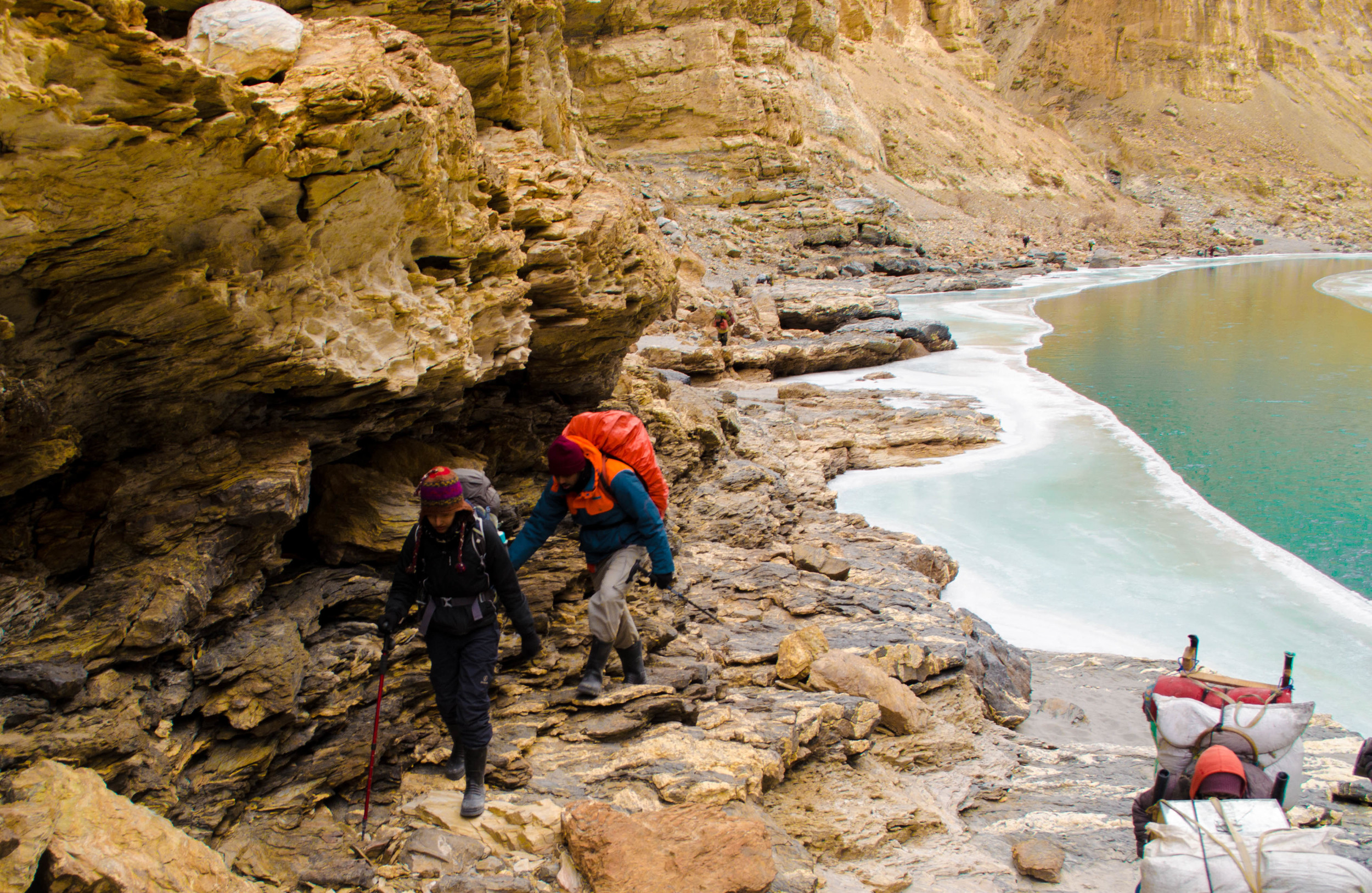 No more flat walks. When Chadar was not formed, we climbed over rock mountains to get across the other side. PC: Raunak