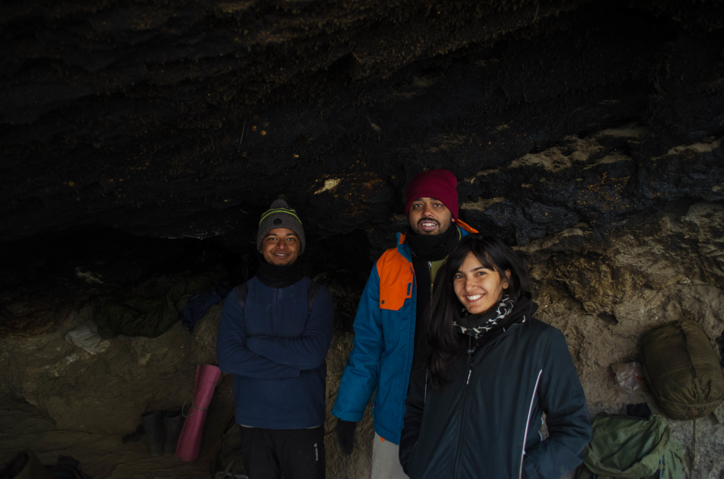 Huddled in the legendary Tibb cave for a photo-opp. PC: Raunak