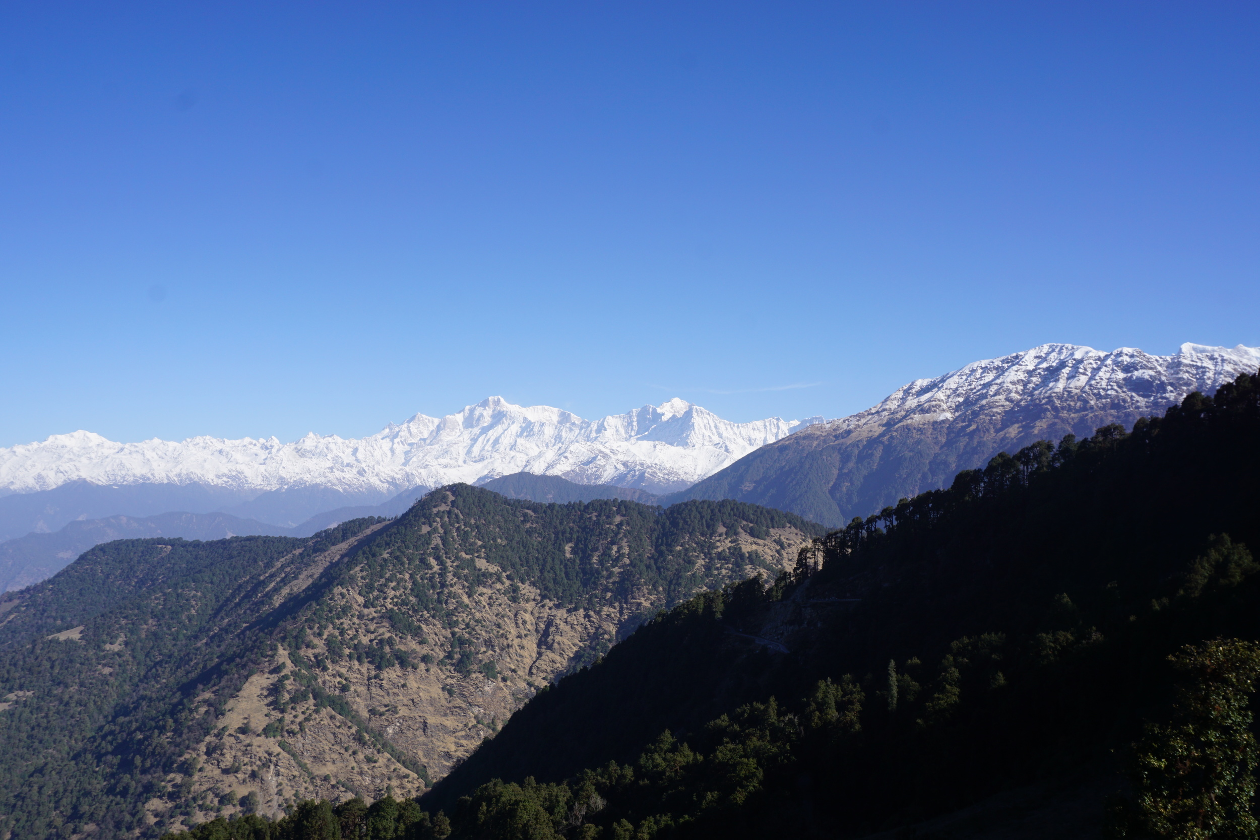 The imposing Himalayan range of the highest peaks - Nanda Devi and Chaukamba all viewed from this precious looking home stay at Chopta while trekking in the indian himalayas