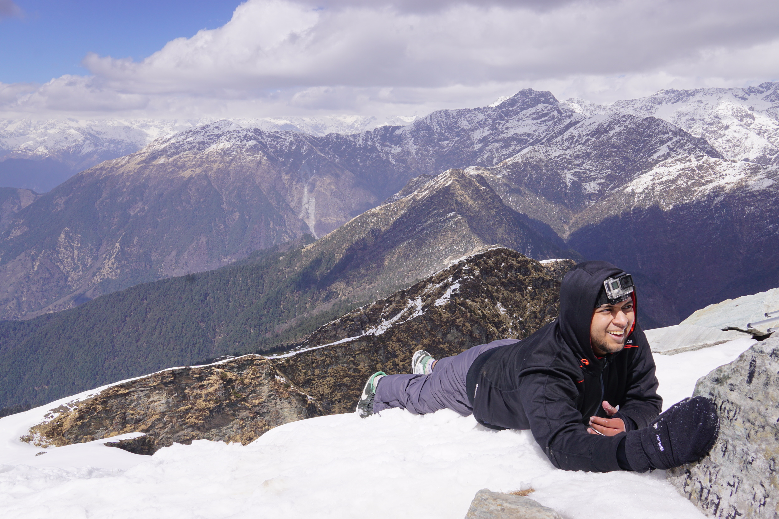 After struggling to reach the top because he was so shit scared of the heights, my buddy 'Talking Helmet' did us proud. Just look at his face.