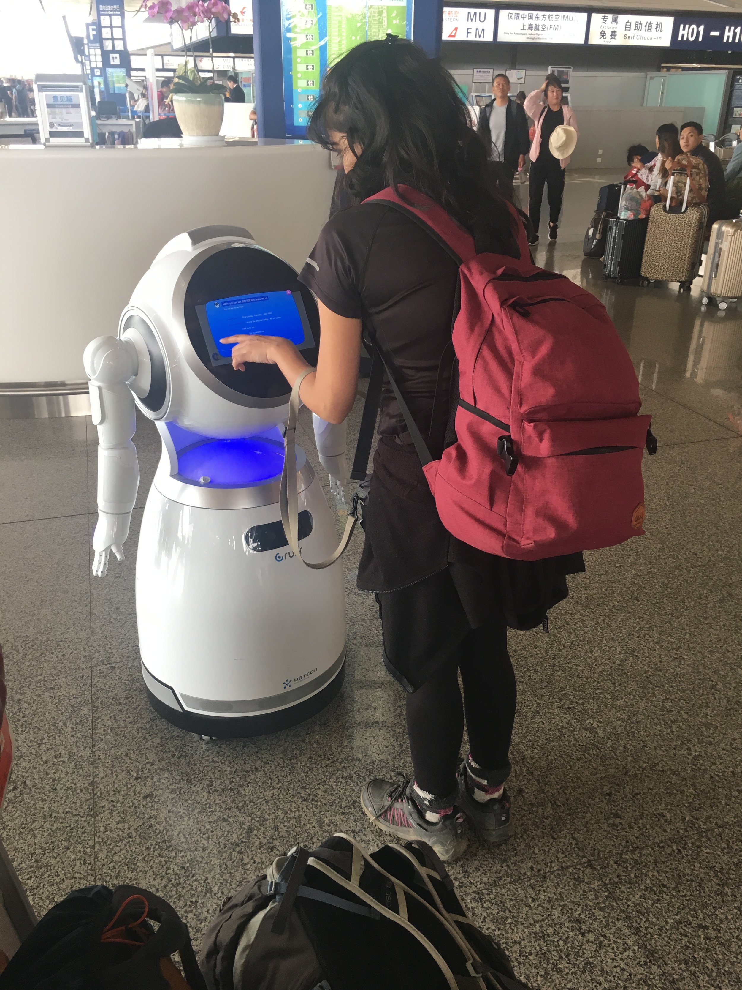 The robot can dance, sing along and help you find yourself in the airport only at normal hours, not past midnight.