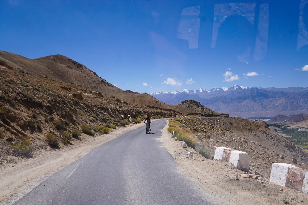 The Stok range in the background as we cycled through the highest motorable road in Ladakh on a road trip.