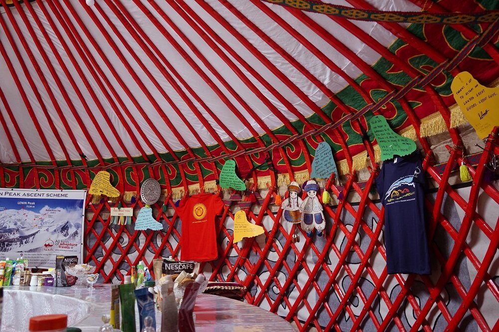 The dining table hall at the yurt camp in Lenin Peak Base Camp.