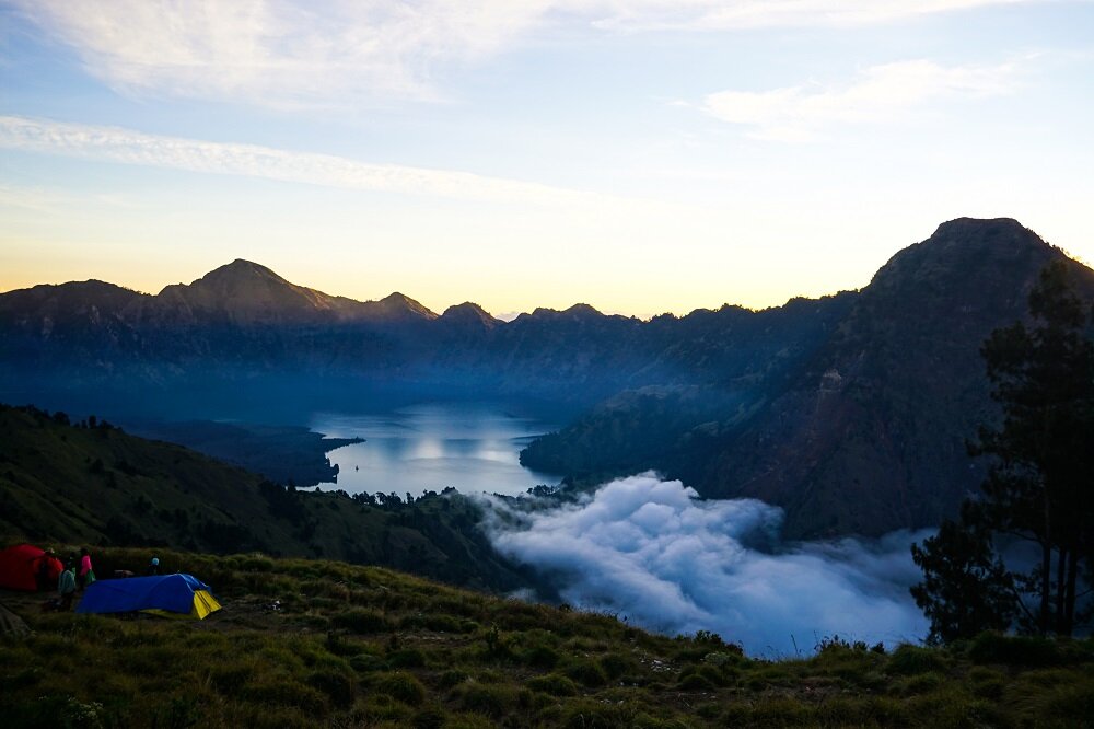A view of mount rinjani while trekking and camping in the mountains.