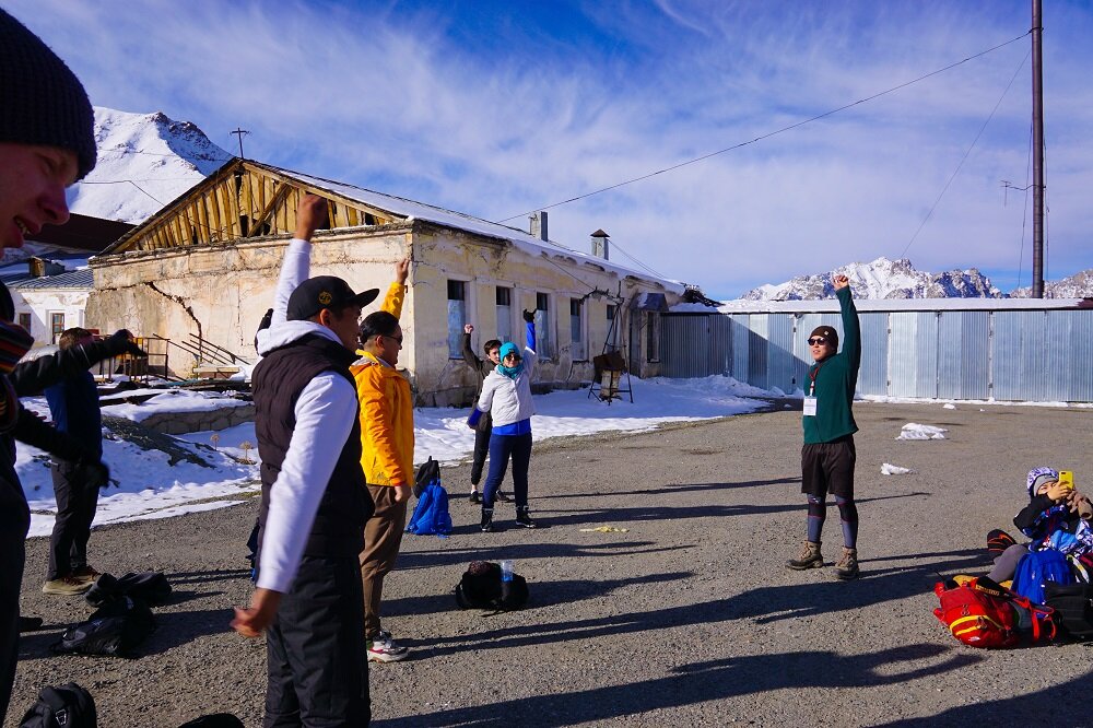 an aerobic activity before we started hiking big almaty peak.