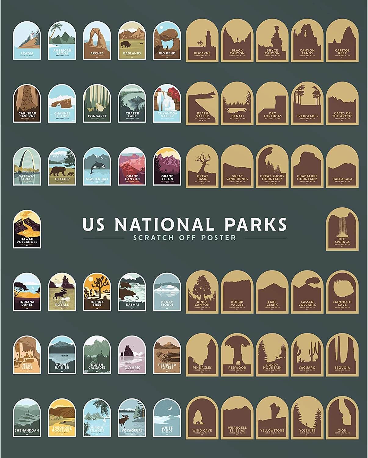 Epic Adventure Maps US National Parks Scratch Off Poster Great as a Gift for Travelers 24 x 17 Inches Blue National Park Posters Reveals Pine Shaped Nature Photographs 