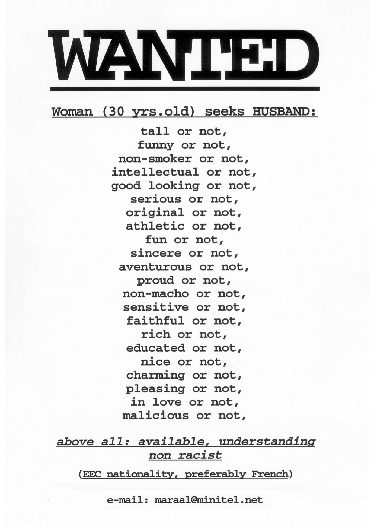 Ghazel: WANTED (Urgent) Project (1997-) Printed poster, A1. Courtesy the artist