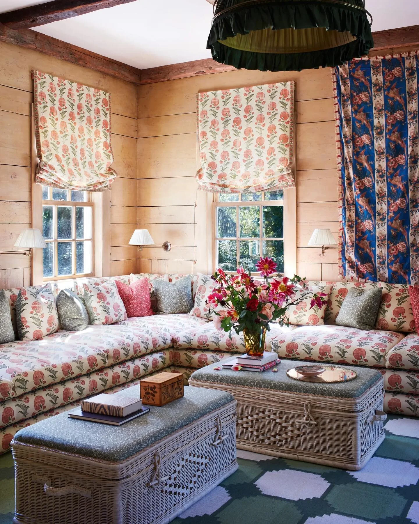 A historic and layered home filled with color by @virginiatupker seen in this month&rsquo;s @archdigest 💕 Love this family room featuring @jasperfurniturefabrics and fab Spanish wicker trunks turned coffee tables. #marysmuses #livingroommuse #family