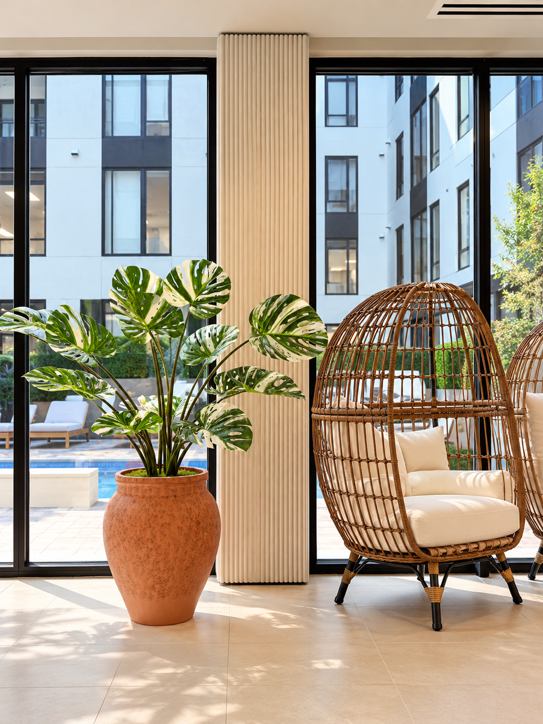 Modern Lobby with Rattan Chairs and Tropical Plant.png