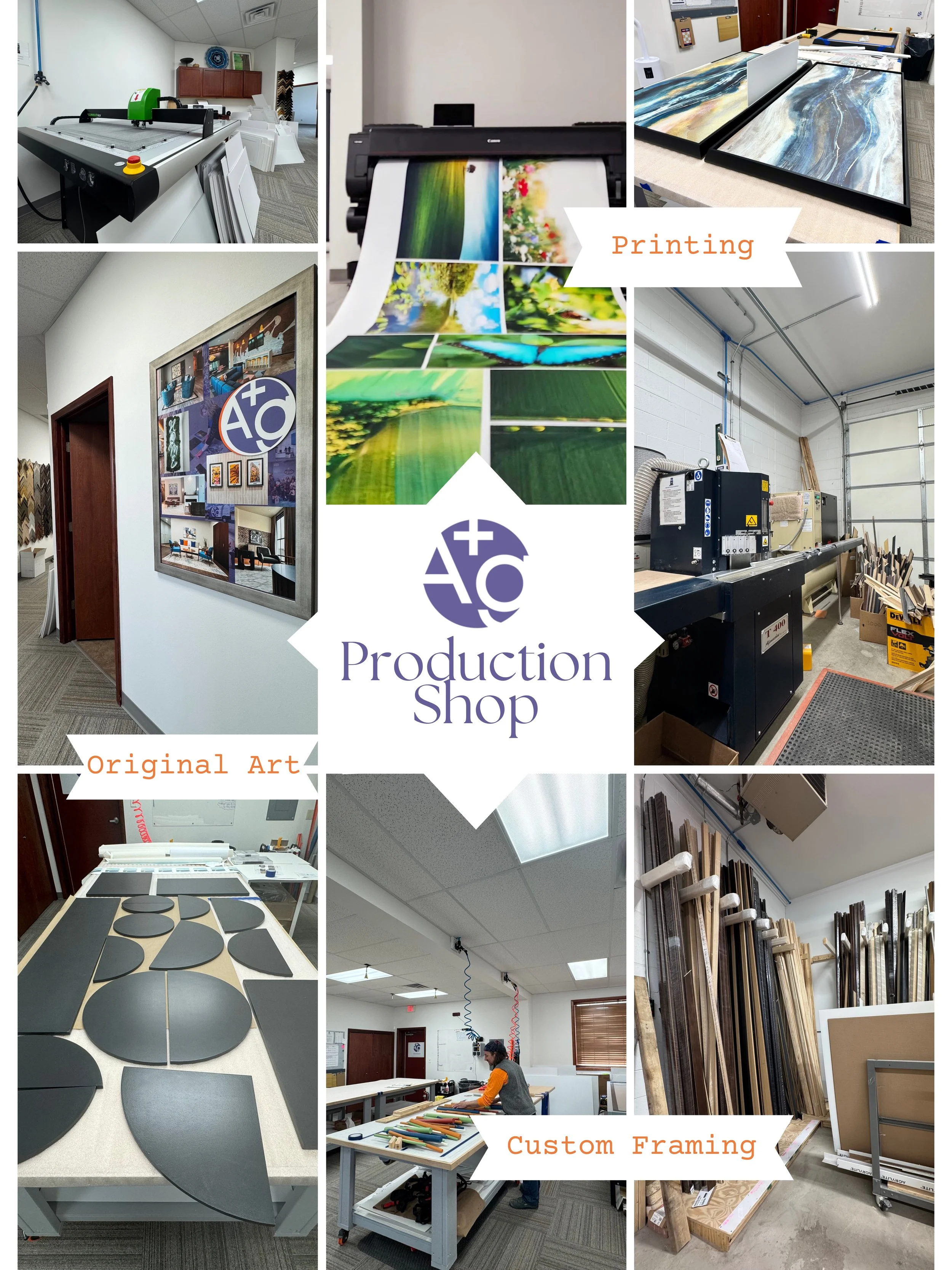 A collage of images showing a production shop. It includes a printing machine with colorful prints, framed artworks, various materials, and a worker preparing items on a work table. There are also shelves with wood and frames, machinery, and a section labeled 'Original Art' and 'Custom Framing'.