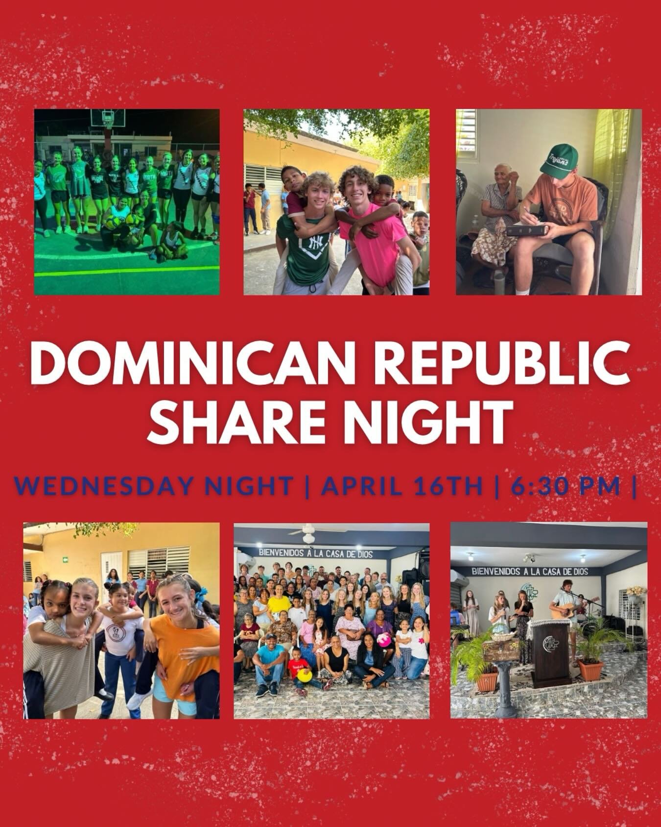 🇩🇴DR Share Night is THIS Wednesday🇩🇴

Come hear the God stories, God moments, and everything our mission team experienced in the Dominican Republic last week!
Doors open at 6 ⏰ | Service starts at 6:30
Bring your friends &mdash; you don&rsquo;t w
