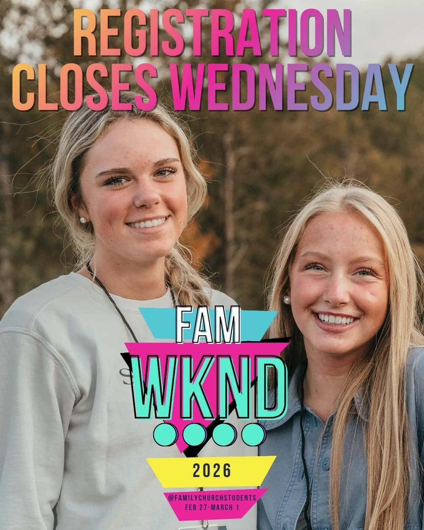 FAM WKND registration closes TOMORROW (Wednesday) ⏳
If you haven&rsquo;t signed up yet, this is your moment.
Don&rsquo;t miss what God is going to do February 27&ndash;March 1.
Link in bio. Let&rsquo;s go 🔥