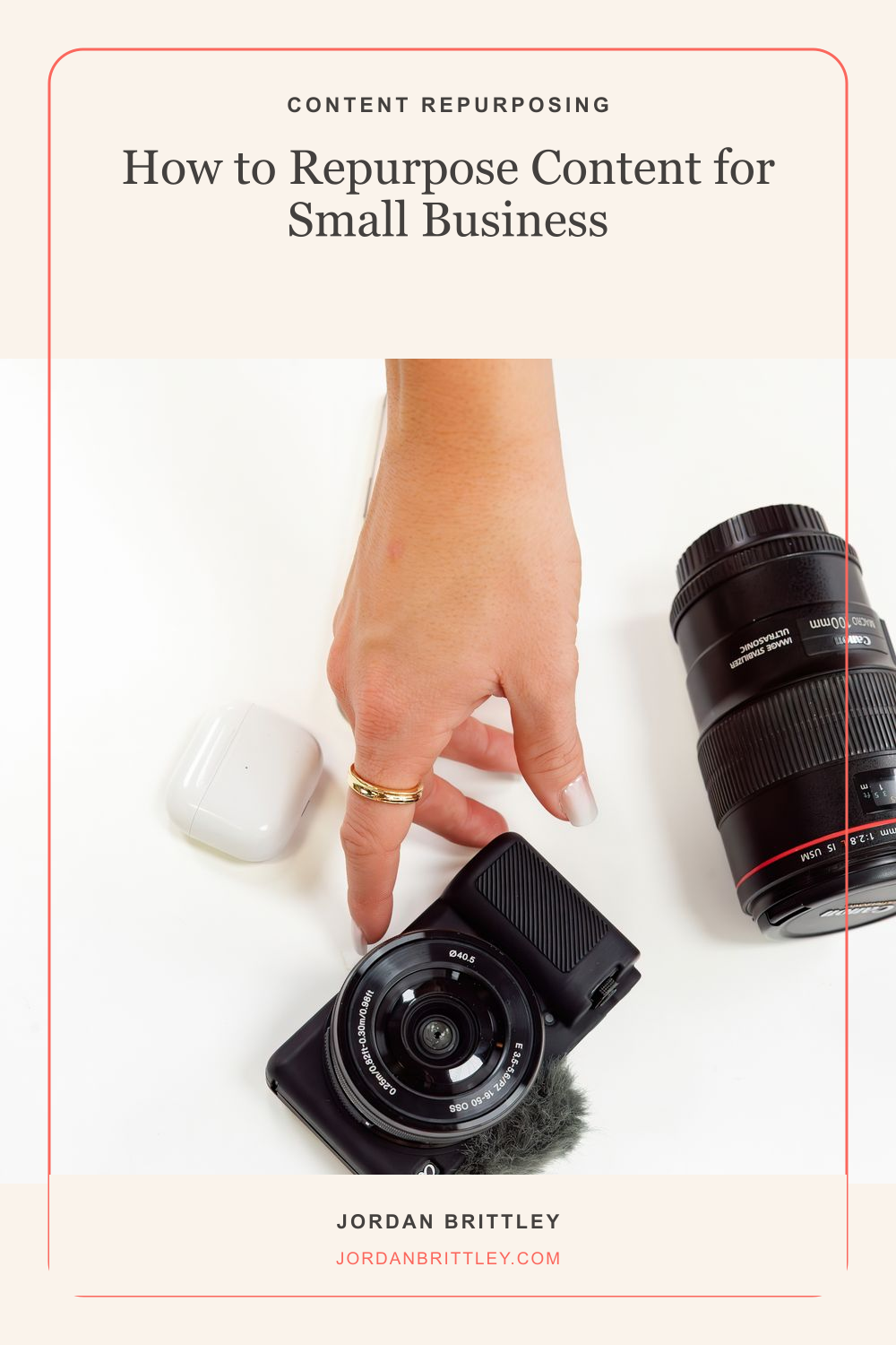 How to repurpose content for small business graphic with a hand reaching for a camera