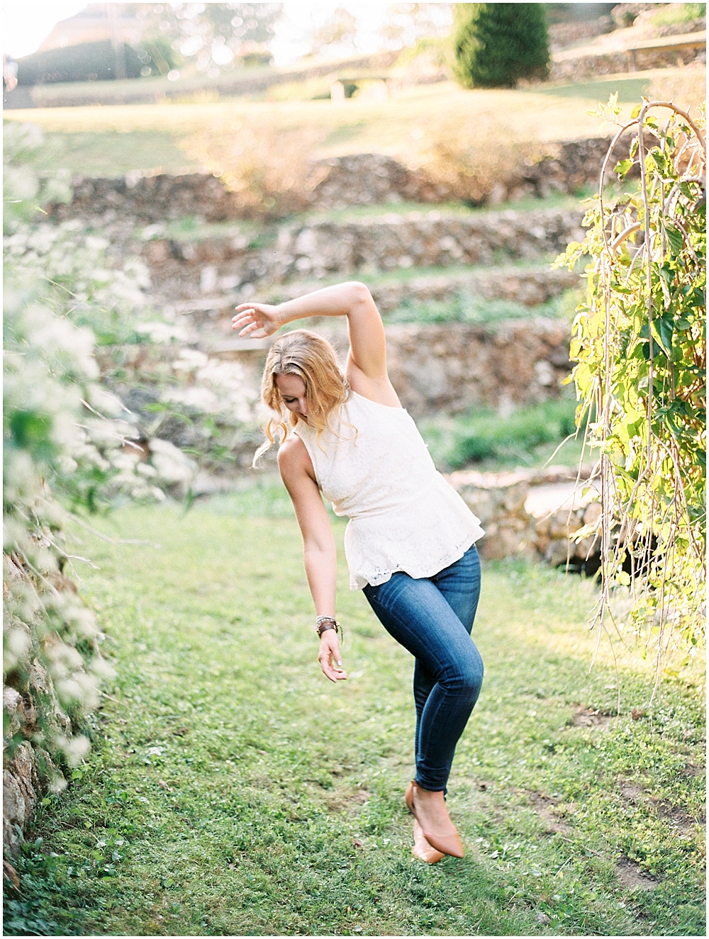 Happy bride-to-be at garden engagement session
