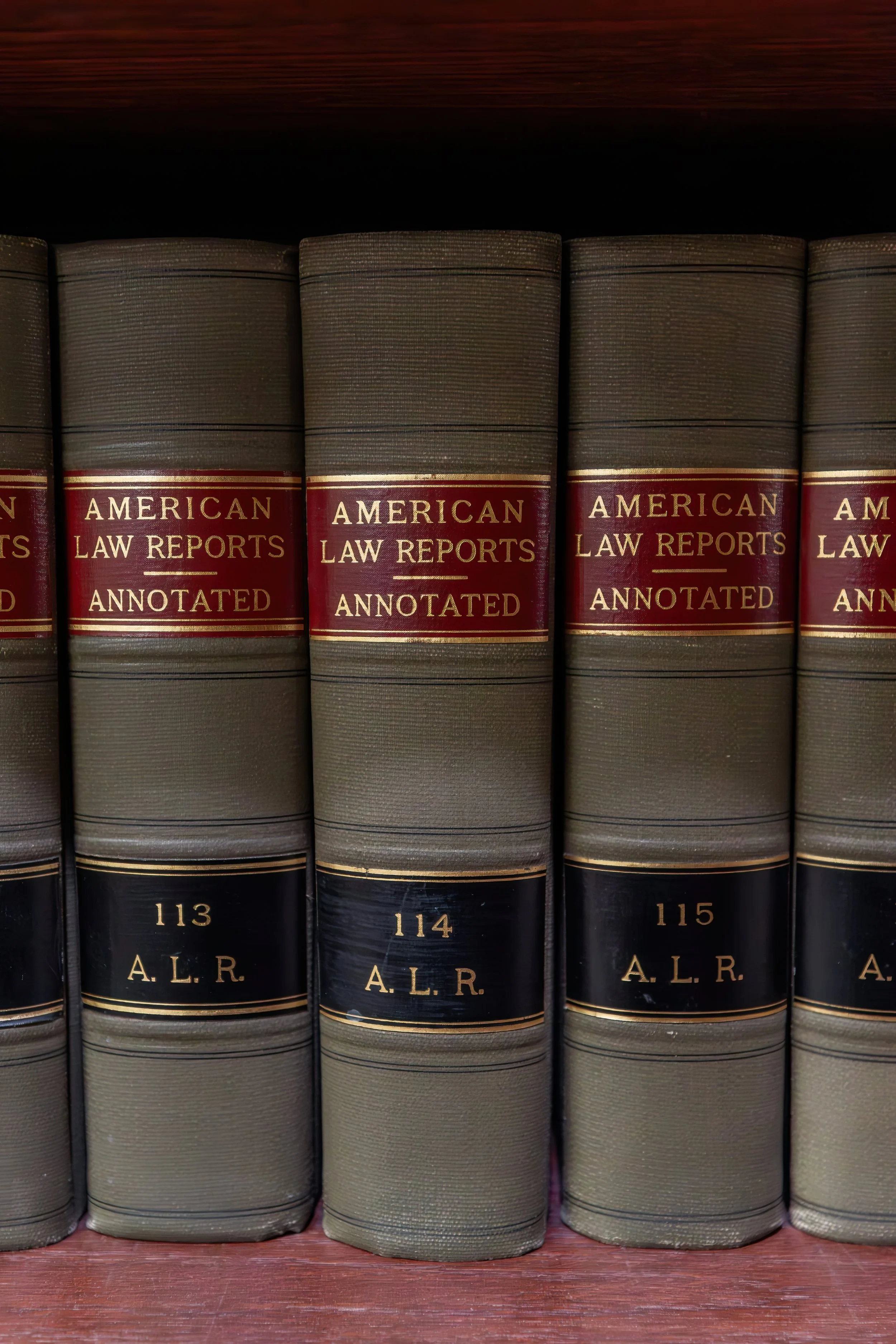 Rows of American Law Reports volumes on a shelf in the Douglas, Haun & Heidemann office in Springfield, Missouri