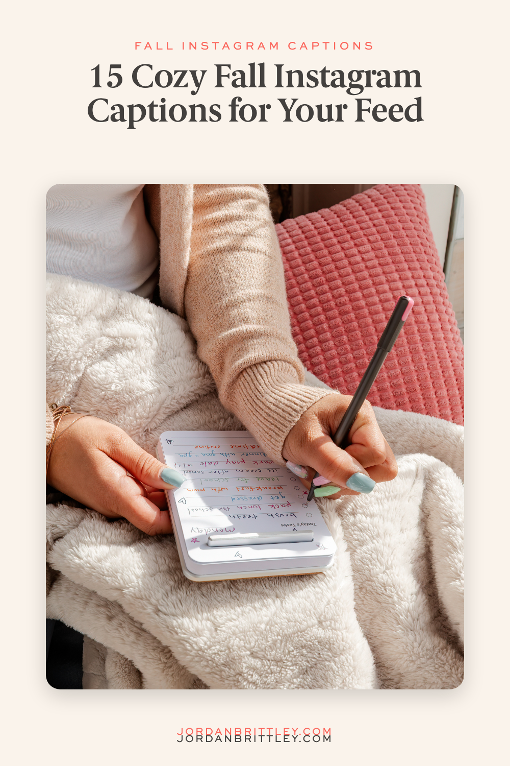 15 cozy fall Instagram captions with a person writing beside warm blankets