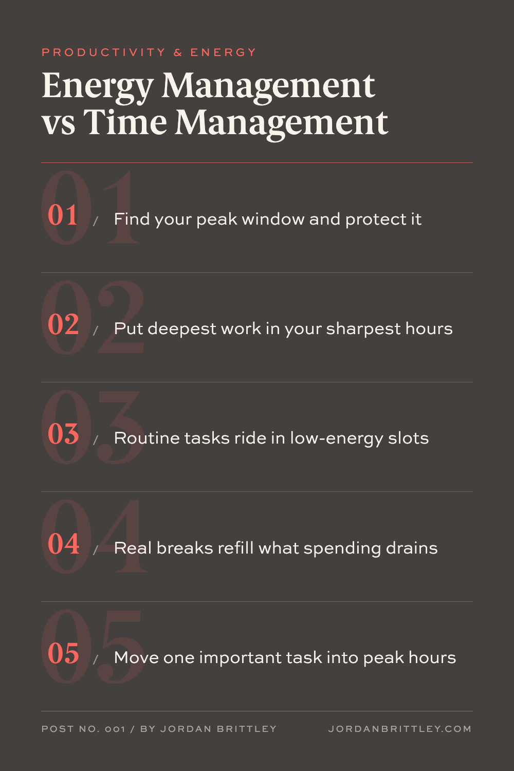 Dark graphic titled Energy Management vs Time Management with five tips for planning work around your energy.