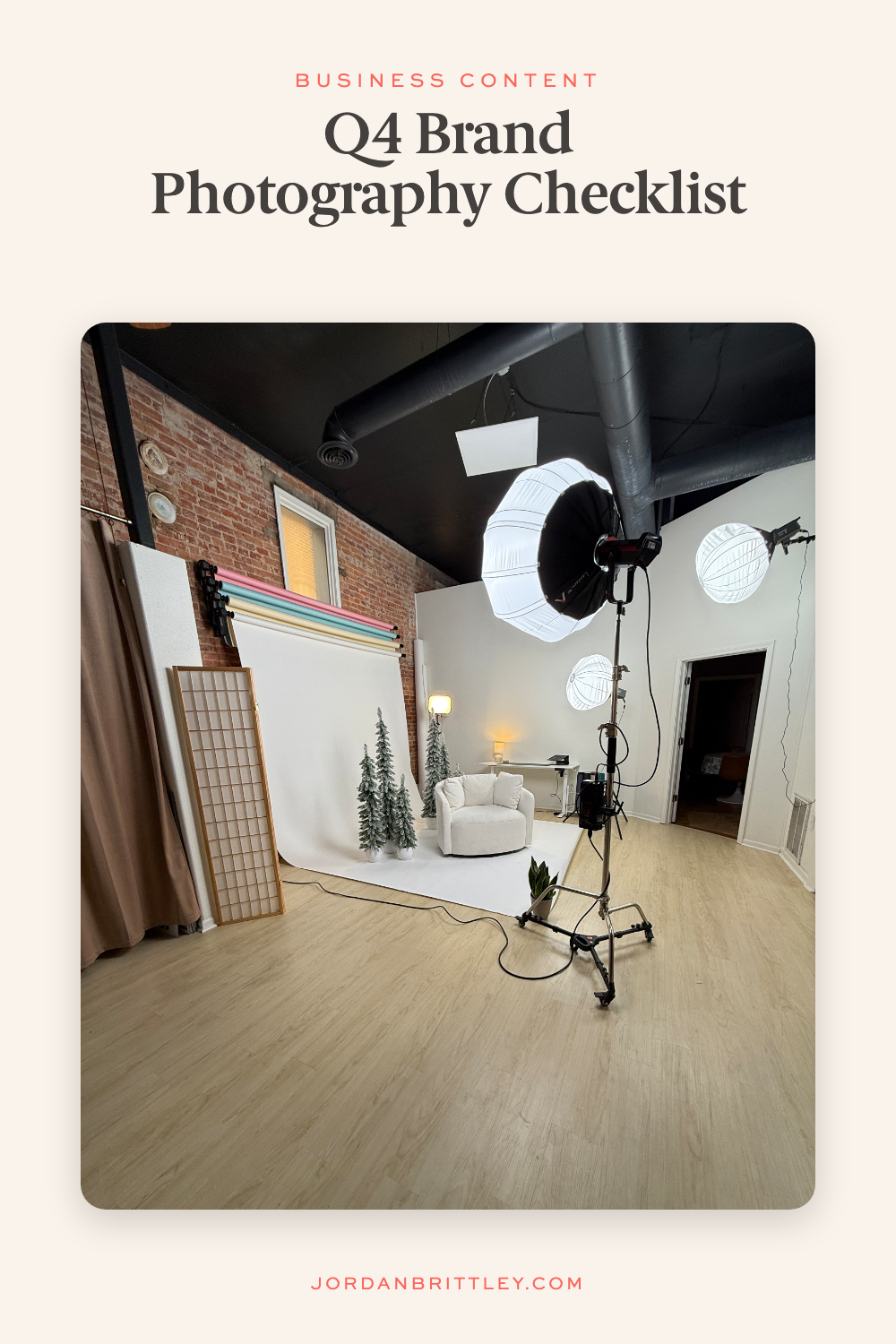 Q4 Brand Photography Checklist graphic showing a photography studio