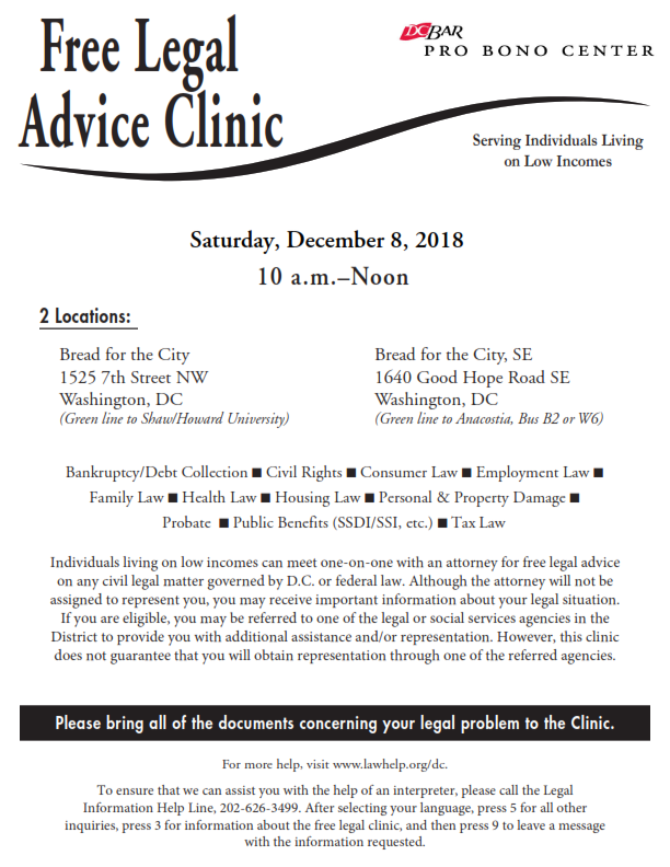 free legal advice clinic flyer. details in the narrative above.