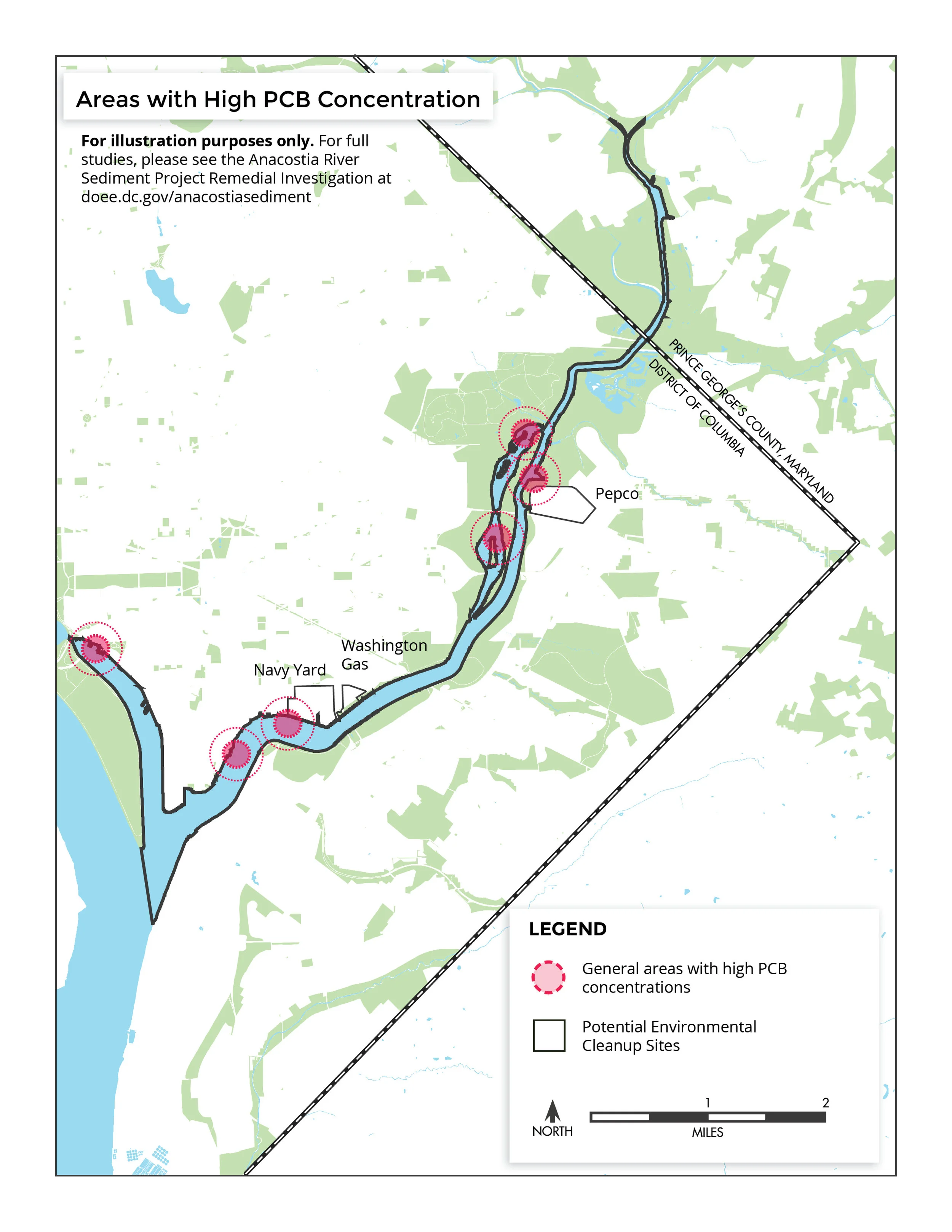 This diagram highlights some of the areas that showed highest concentrations of polychlorinated biphenyls (PCBs) in the Remedial Investigation studies completed in 2019. This diagram is illustrative only: refer to the official documents for precise data.