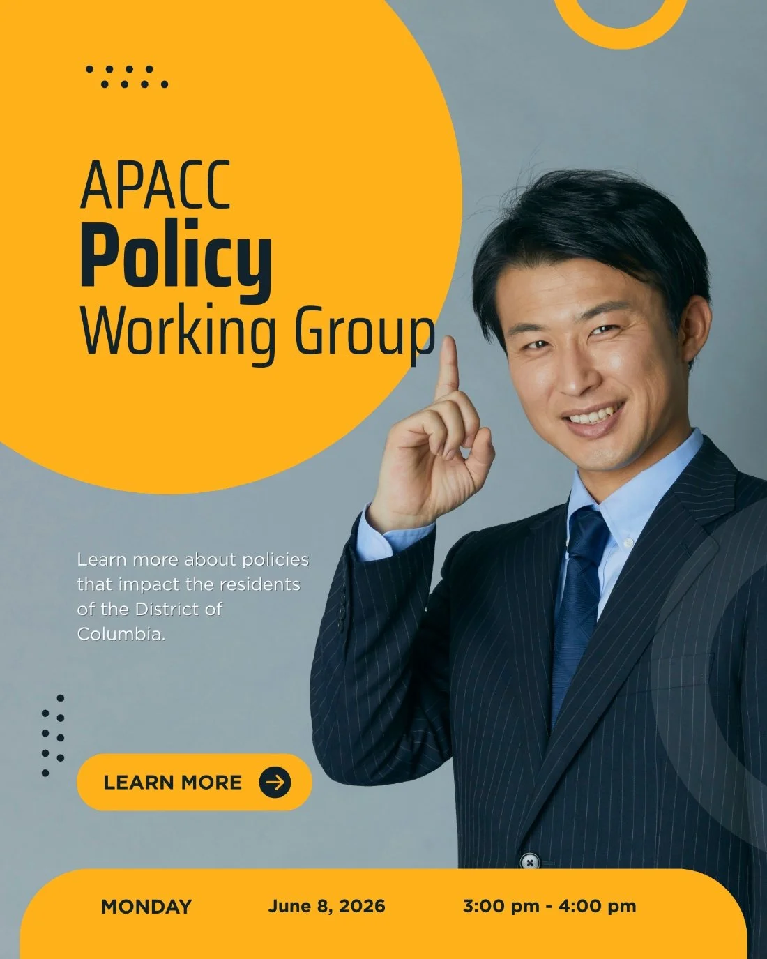 A man in a suit points upwards towards a heading that reads APACC Policy Working Group.