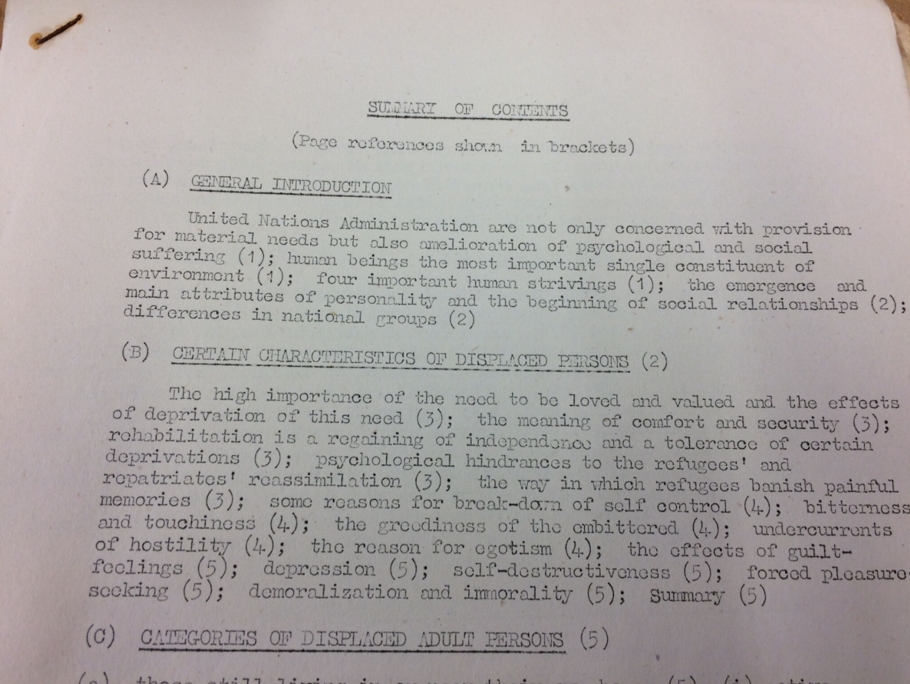 ‘Certain characteristics of displaced persons’ in Corsellis’ report ‘Psychological Problems of Displaced Persons’