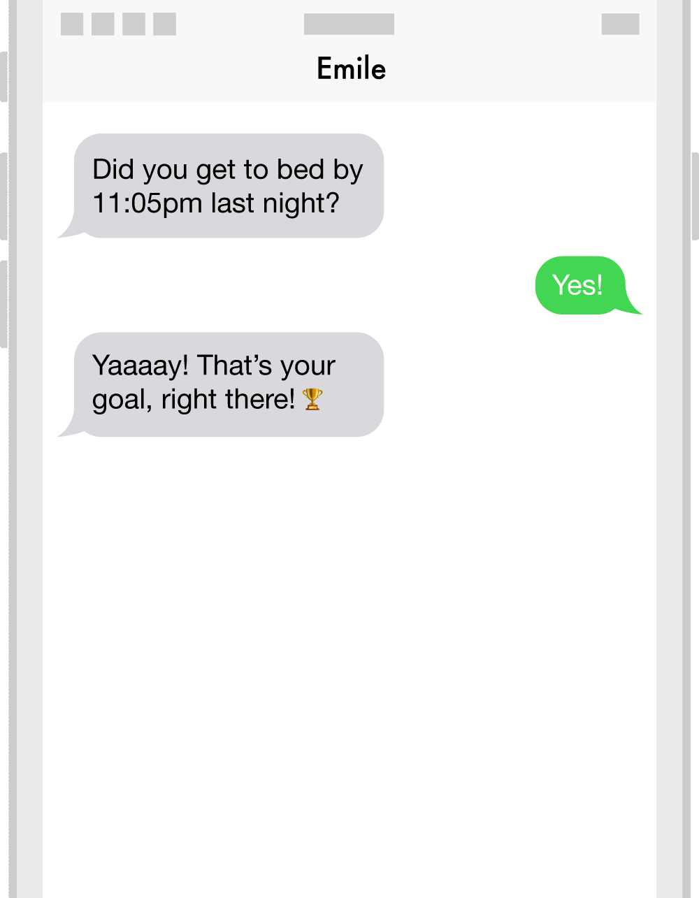 GIF showing a sample celebratory interaction between Emile and user when a user hits their weekly bedtime goal.