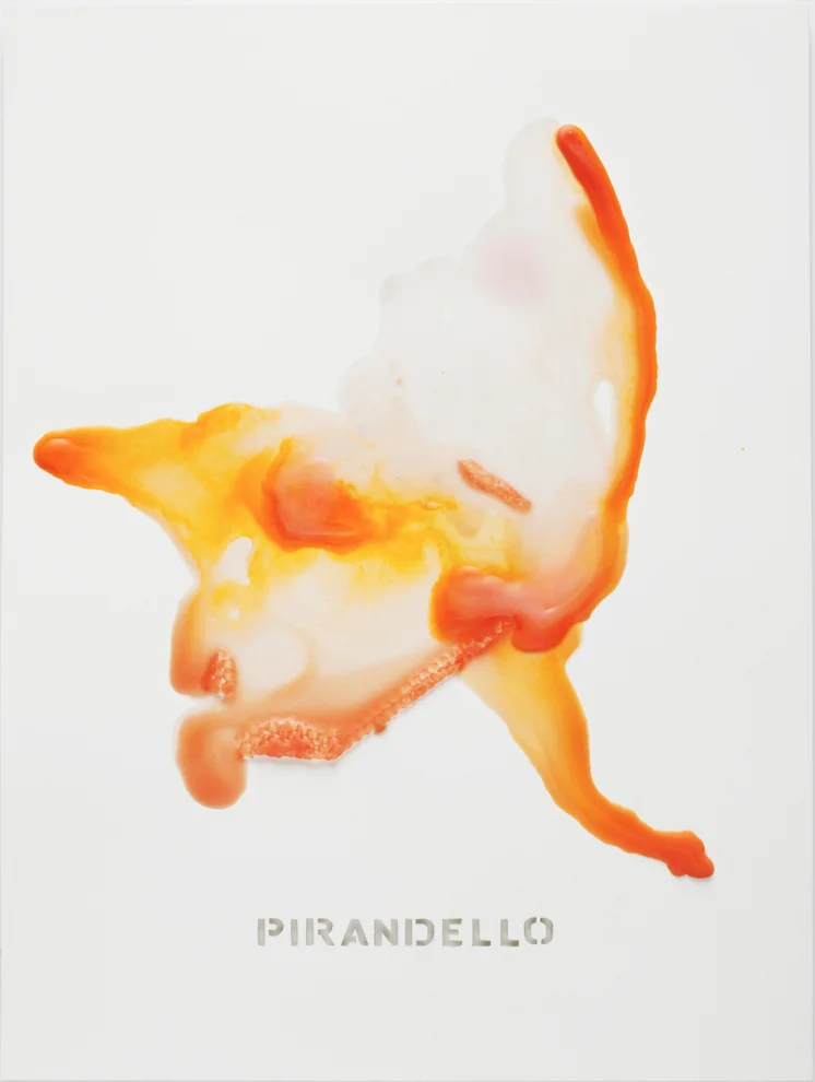 PIRANDELLO Beeswax and mixed media on paper 20” x 15” 2017 Referencing: Luiji Pirandello (1867-1936); Italian Playwright who wrote many farces and participated in the Theater of the Absurd.