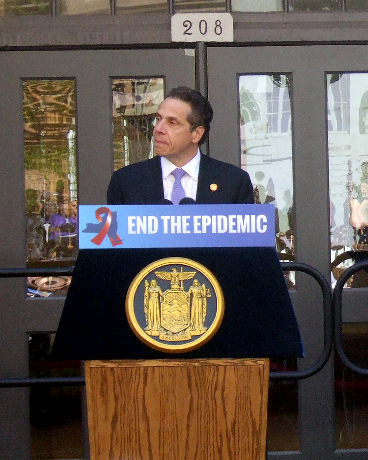 New York Governor Andrew Cuomo at the podium